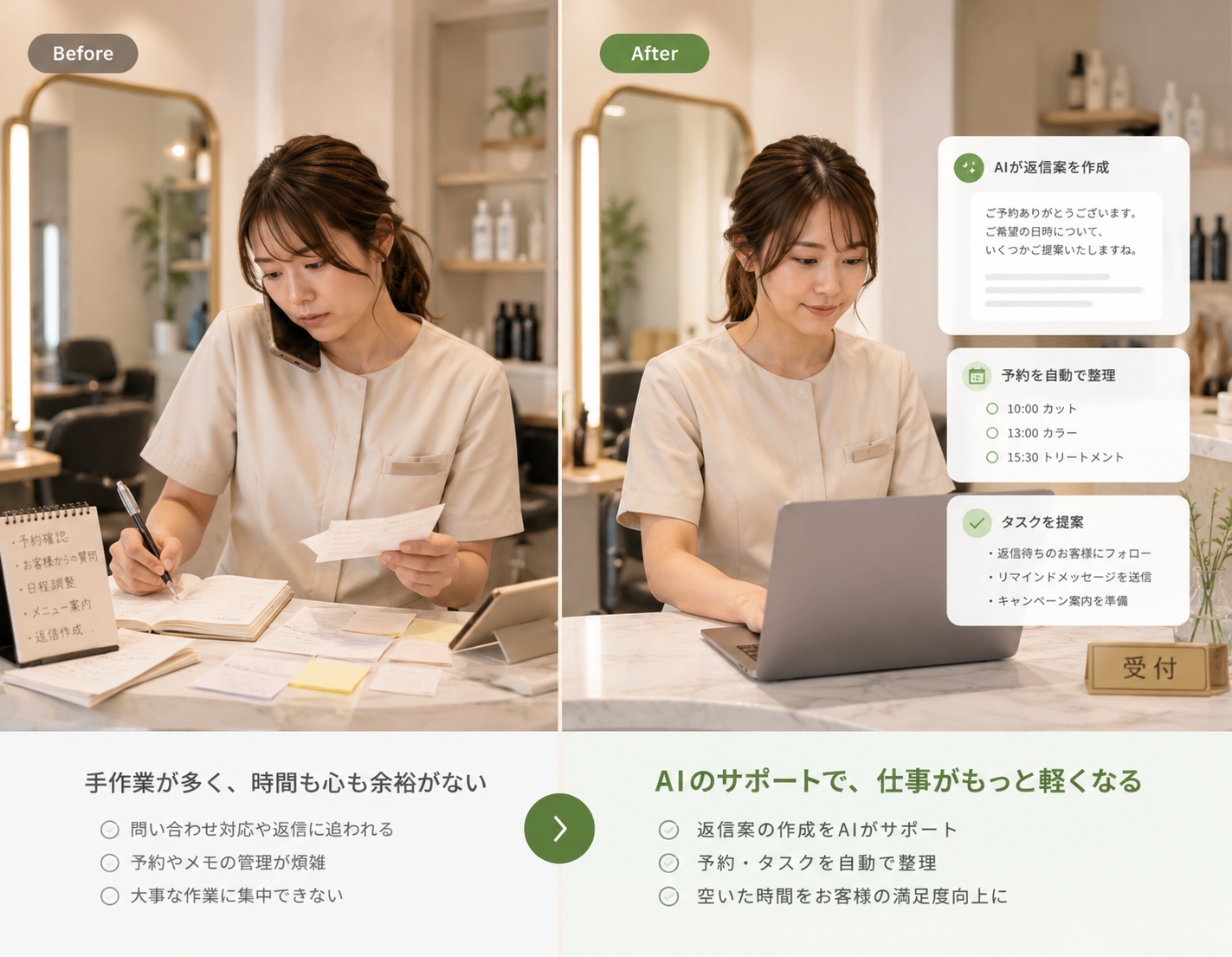 手作業が多い状態からAIのサポートで仕事が軽くなるBefore After