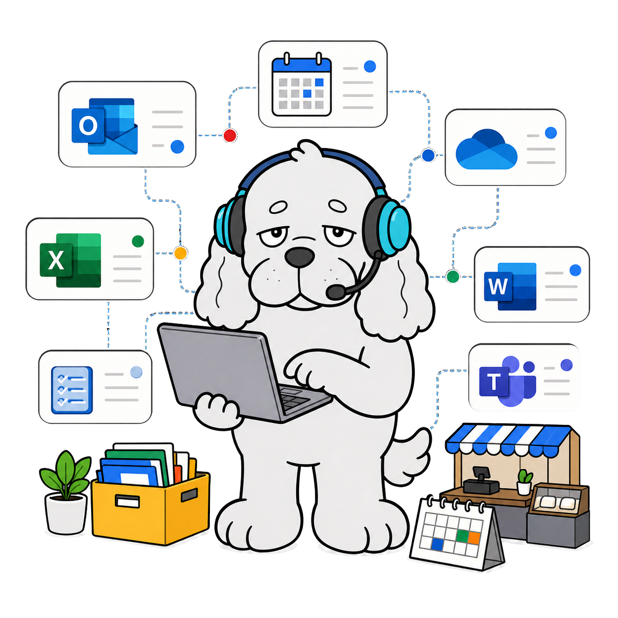 Microsoft 365整理を案内する犬のイラスト