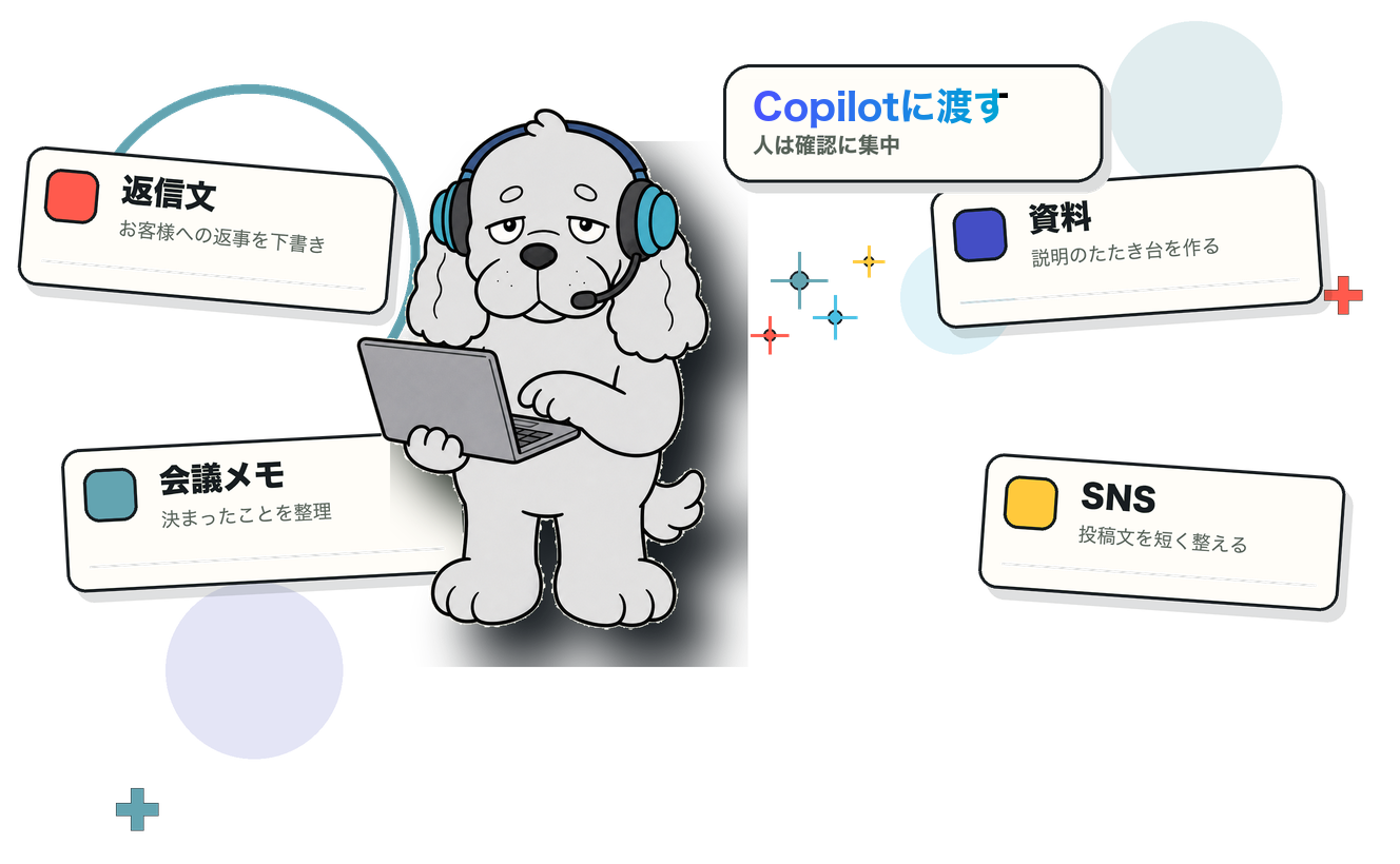 Copilot導入を案内するAI専門家の犬イラスト