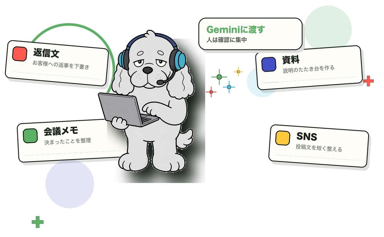 Gemini導入を案内するAI専門家の犬イラスト