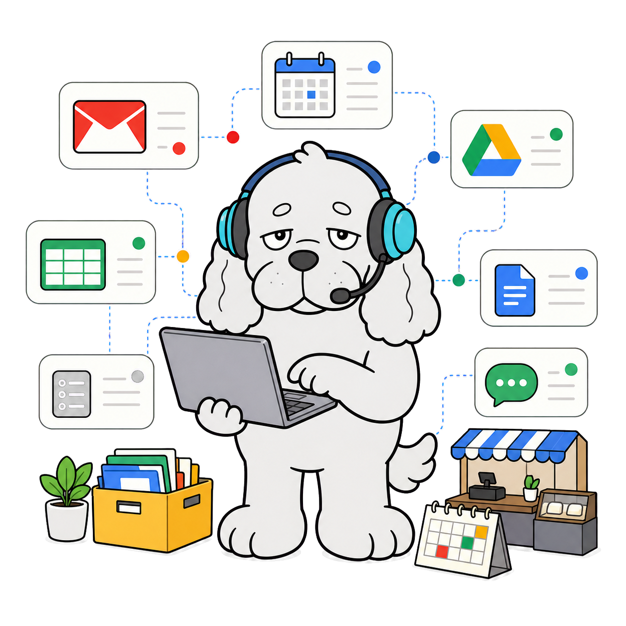Googleアプリ整理を案内する犬のイラスト