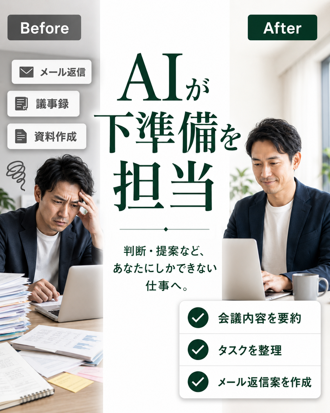 AIが下準備を担当し、業務の質とスピードを高める導入イメージ
